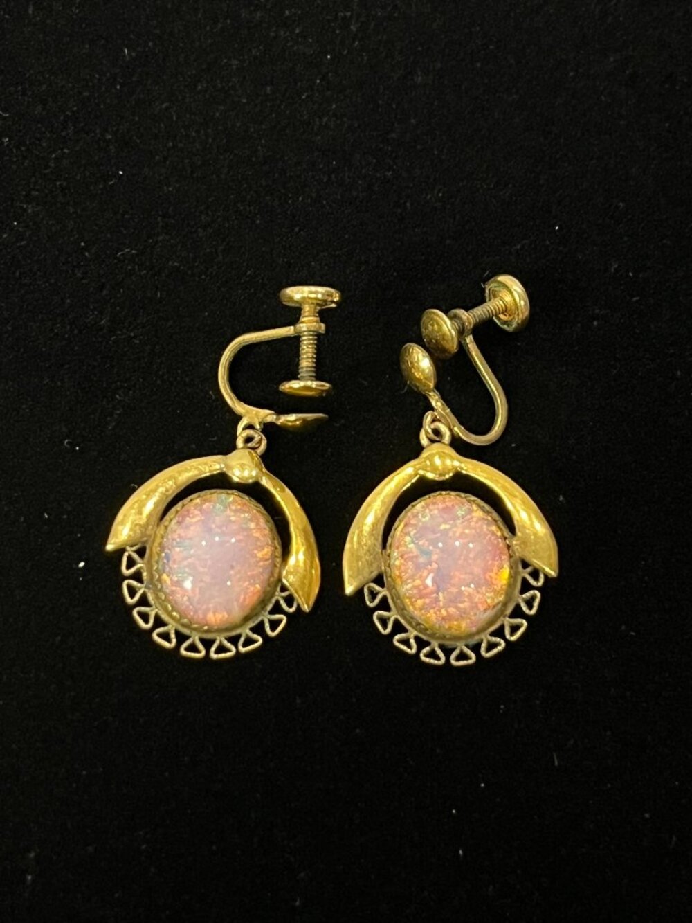 1/20 14k GF Opalite Earrings Midcentury ornate dangle unique screw on